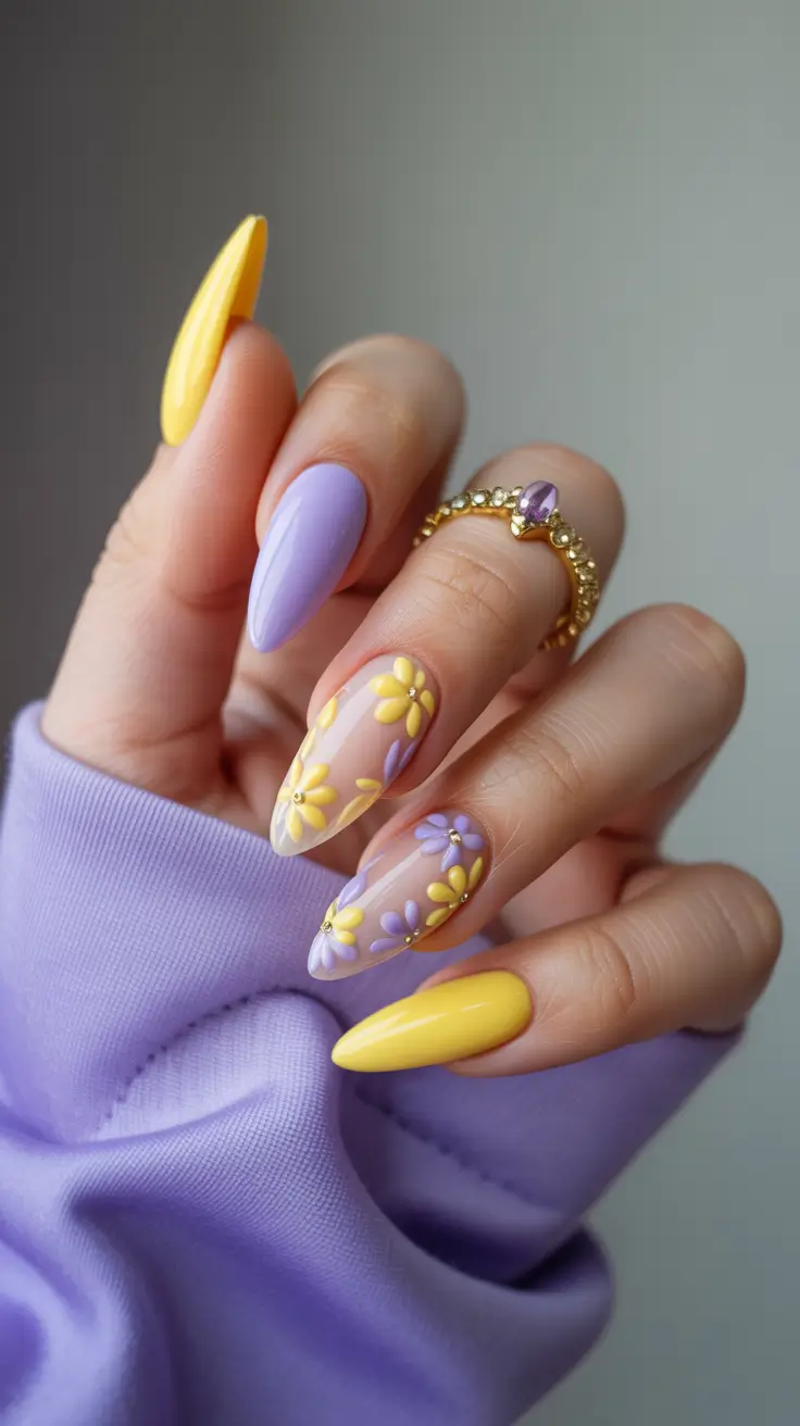 pastel spring floral nails 2026 Lilac and Butter Yellow Playful Florals