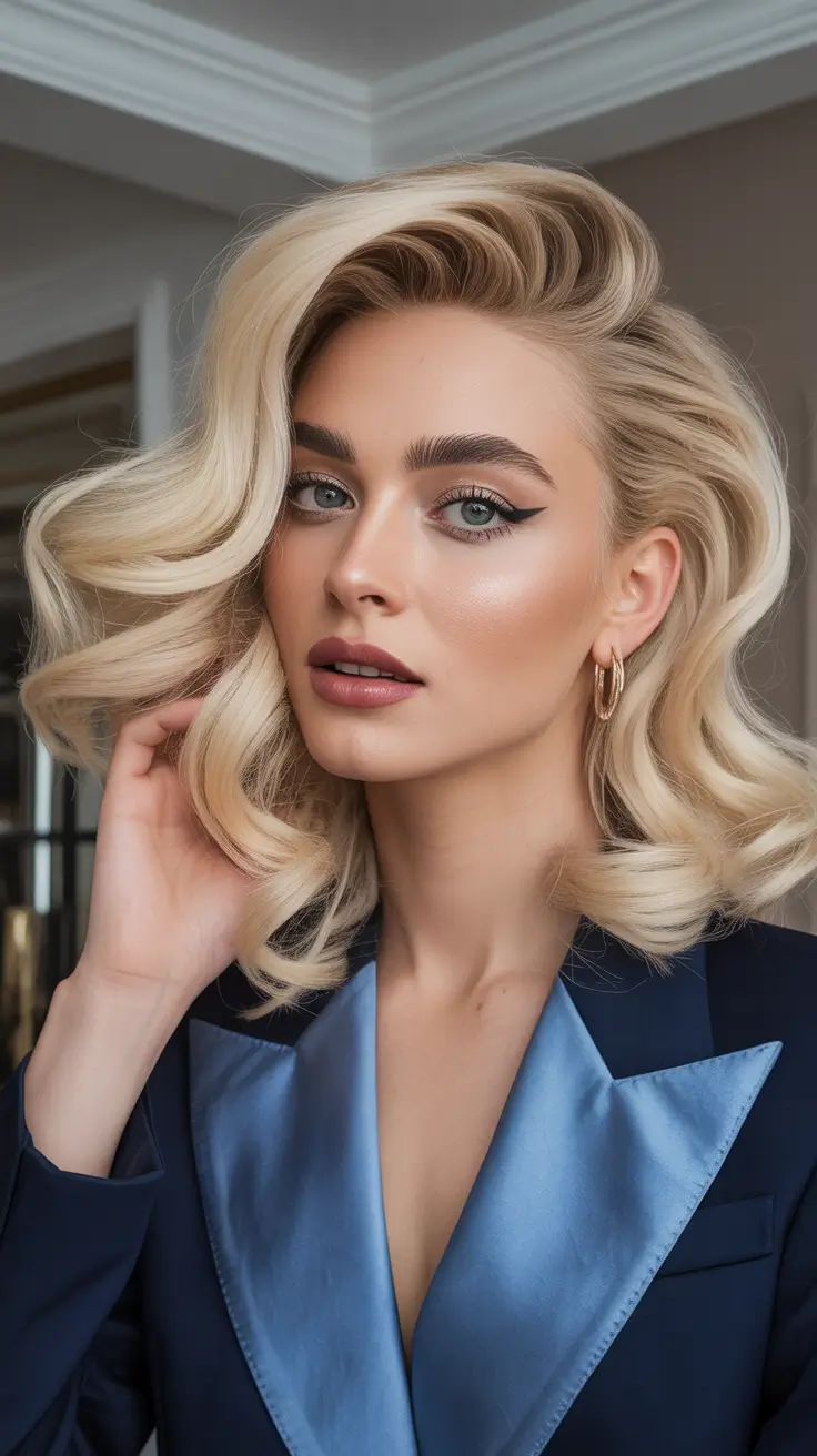 spring hair color trends 2026 Soft Champagne Blonde With Sculpted Waves