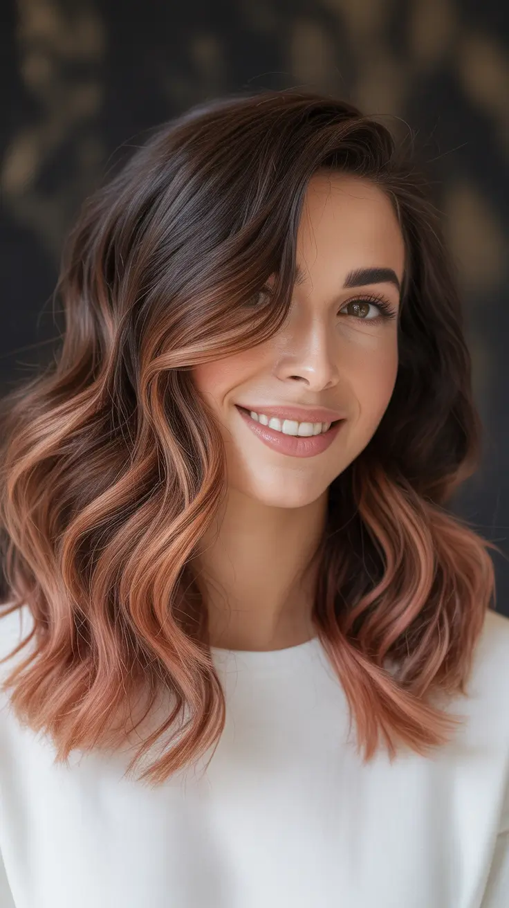 spring hair color trends 2026 Warm Rose Brown With Soft Volume