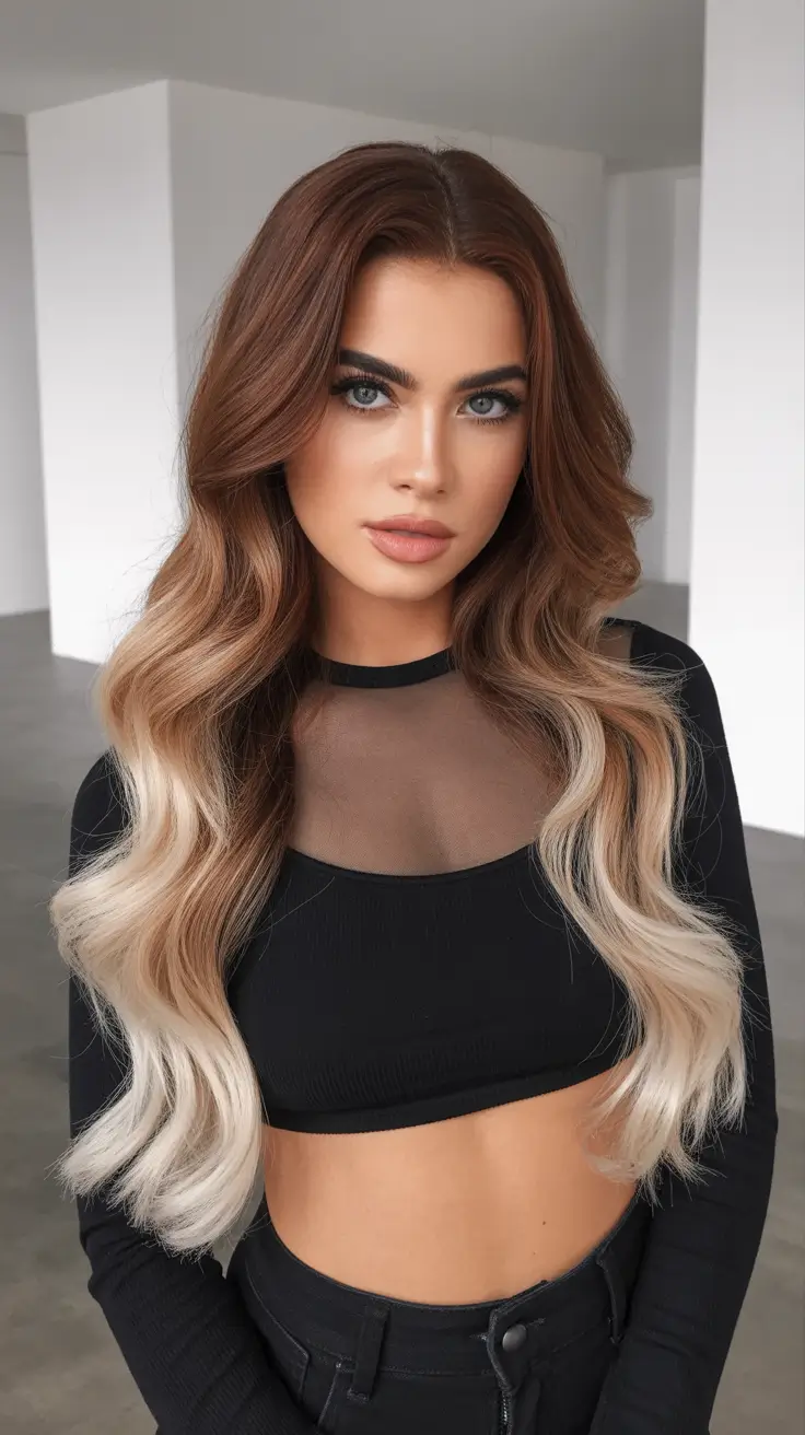 spring hair color trends 2026 Chestnut Melt With Vanilla Blonde Ends