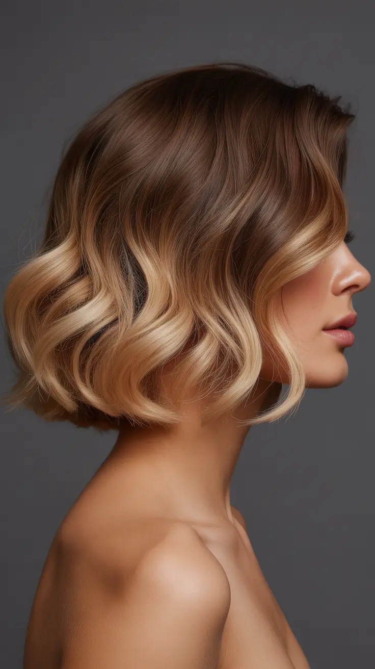 spring hair color trends 2026 Short Caramel Bob With Defined Waves