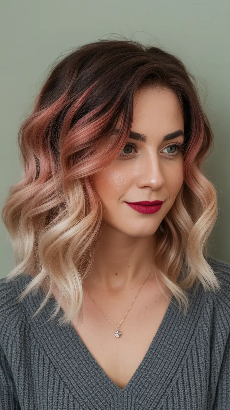 spring hair color trends 2026 Rose-Blended Bob With Dark Roots