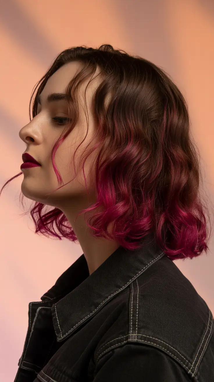 spring hair color trends 2026 Berry-Tipped Brunette With Natural Texture