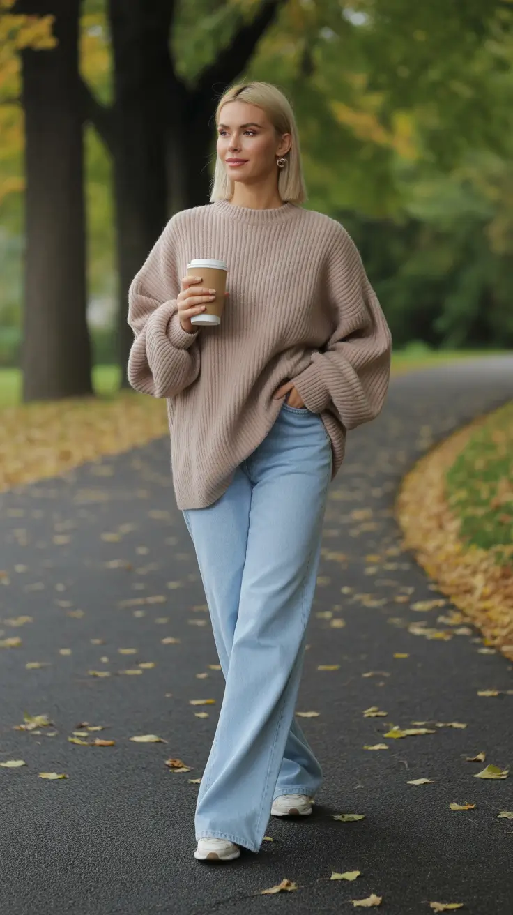 spring jeans outfit ideas for 2026 Oversized Knit and Light Jeans