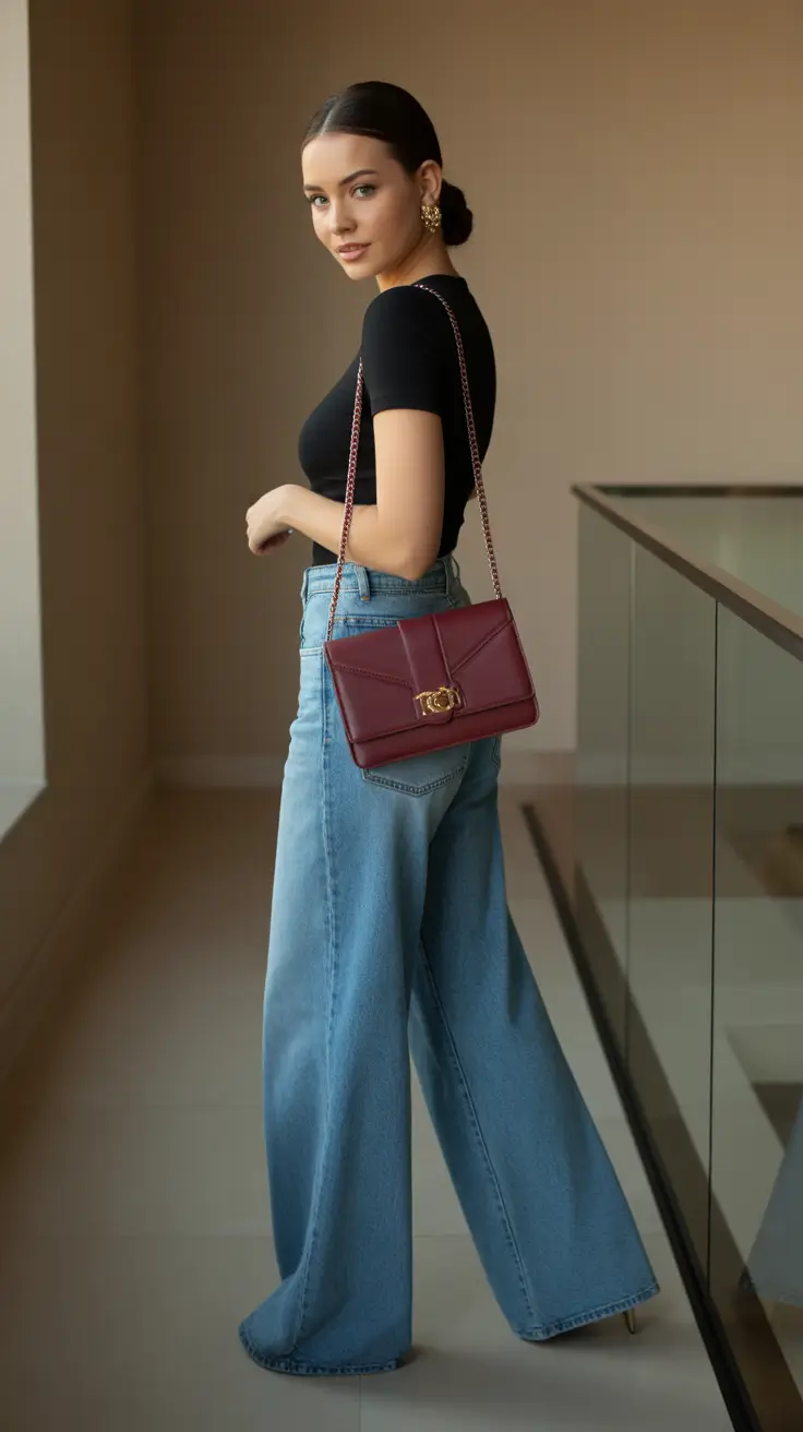 spring jeans outfit ideas for 2026 Black Top with Wide-Leg Denim