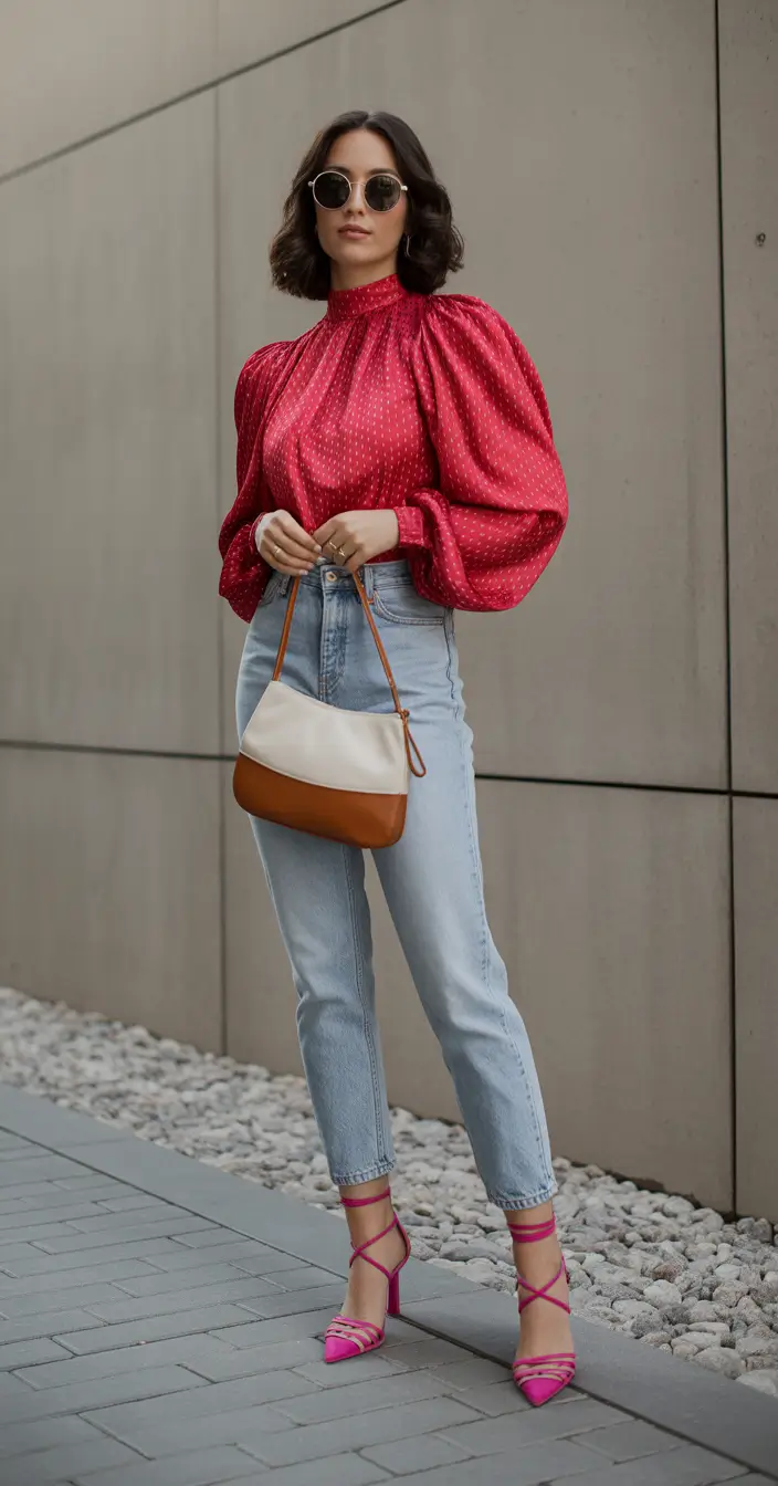 spring jeans outfit ideas for 2026 Statement Blouse with Cropped Jeans