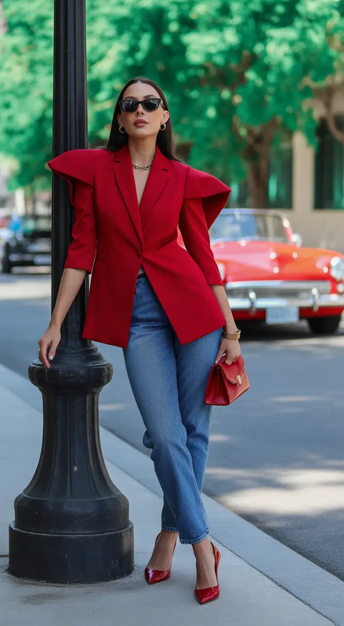 spring jeans outfit ideas for 2026 Red Blazer with Classic Jeans