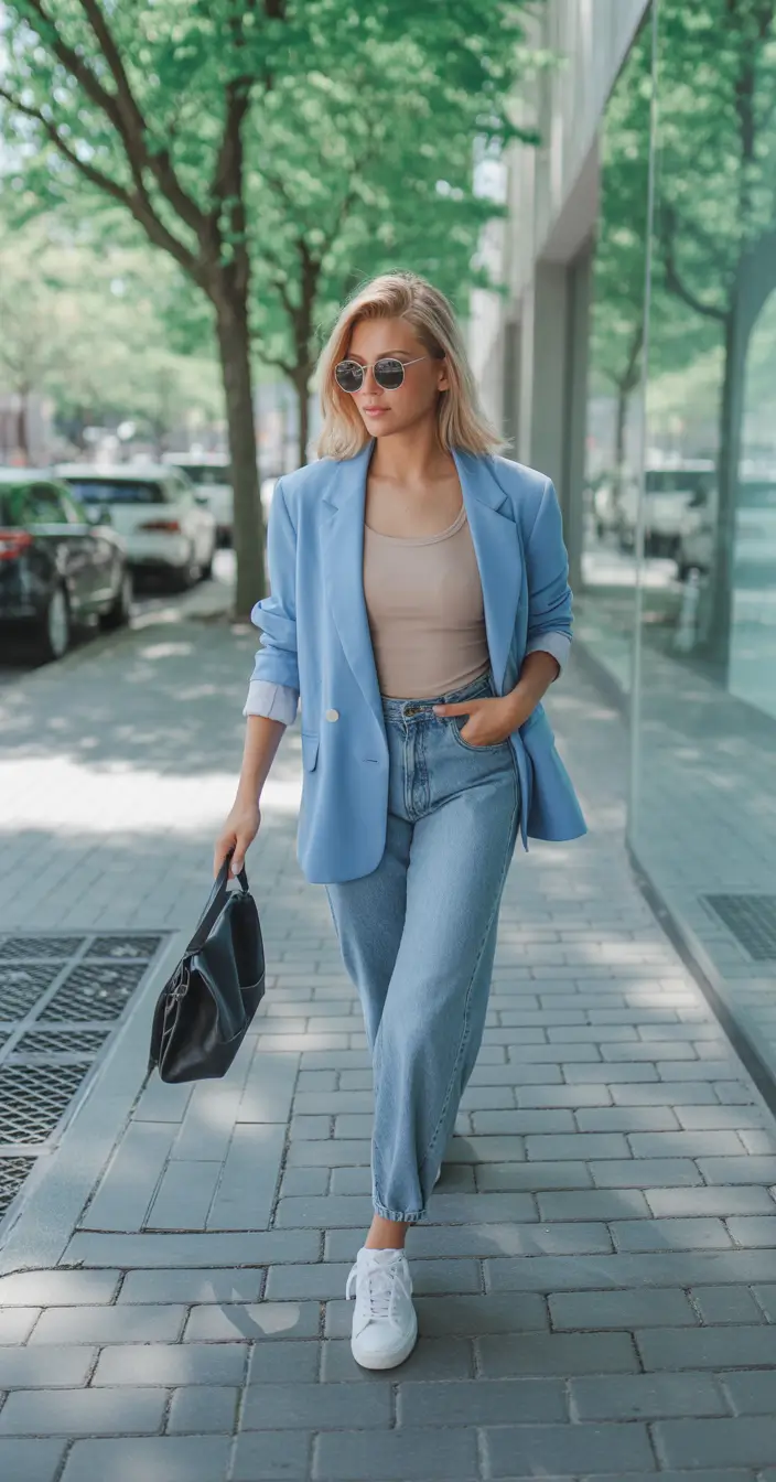 spring jeans outfit ideas for 2026 Tailored Blazer with Relaxed Jeans