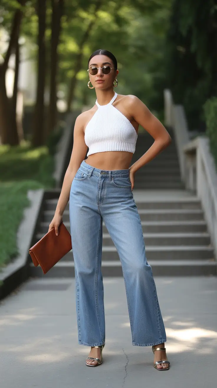 spring jeans outfit ideas for 2026 Crop Top and Wide-Leg Jeans