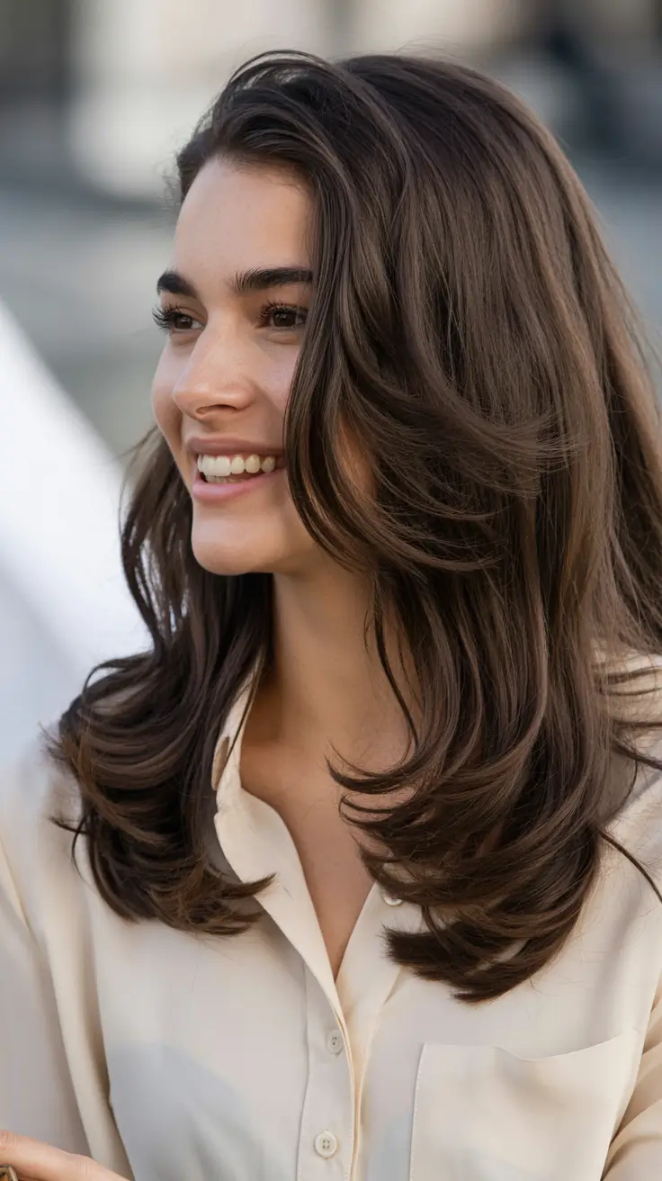 spring mid length haircuts 2026 Soft Espresso Layers with Flipped-Out Ends
