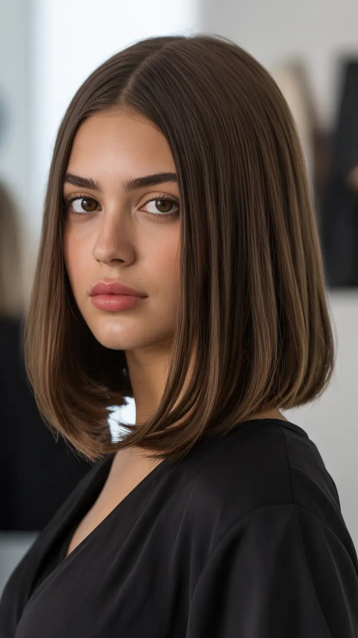 spring mid length haircuts 2026 Glass-Smooth Blunt Mid-Length Bob
