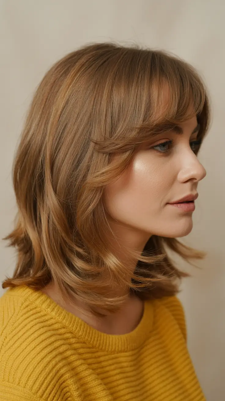 spring mid length haircuts 2026 Golden Honey Layers with Soft Curtain Fringe