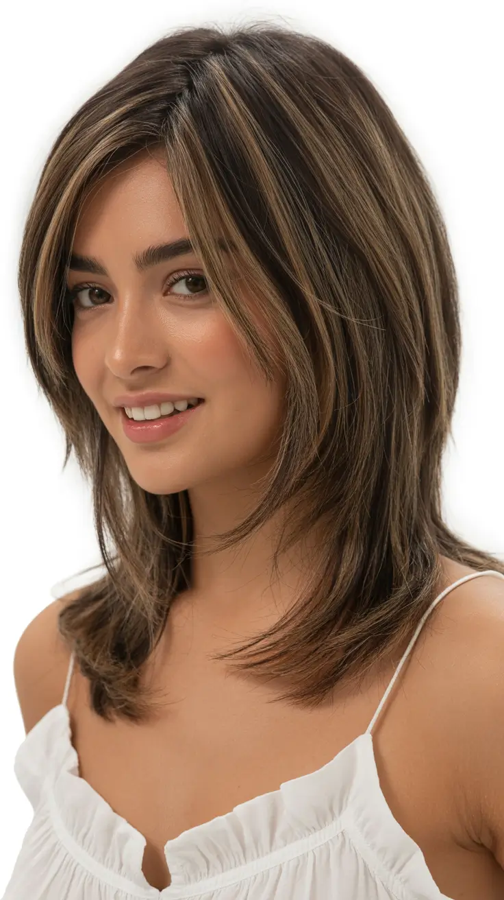 spring mid length haircuts 2026 Feathered Brunette Mid-Length with Face-Framing Highlights