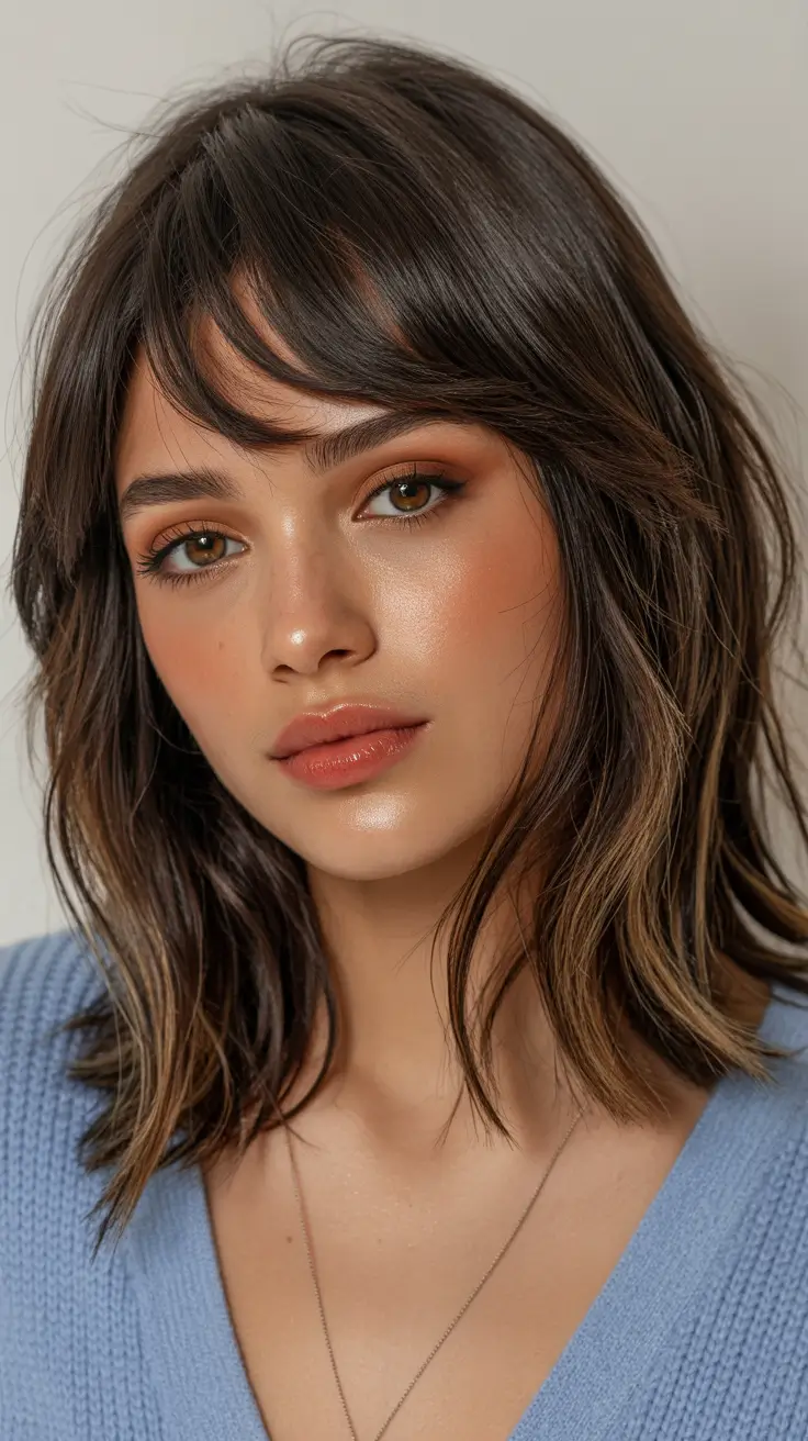 spring mid length haircuts 2026 Textured Shaggy Lob with Wispy Fringe