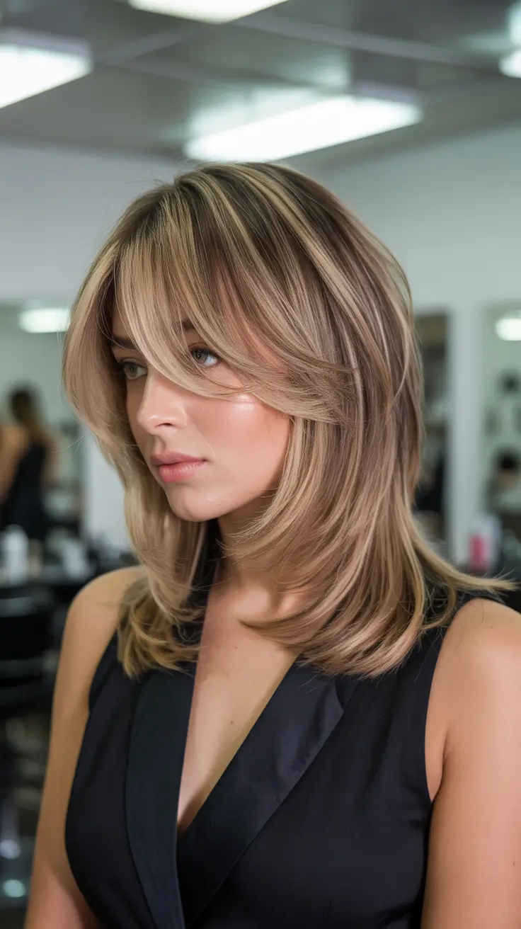 spring mid length haircuts 2026 Buttercream Blonde Layered Mid-Length