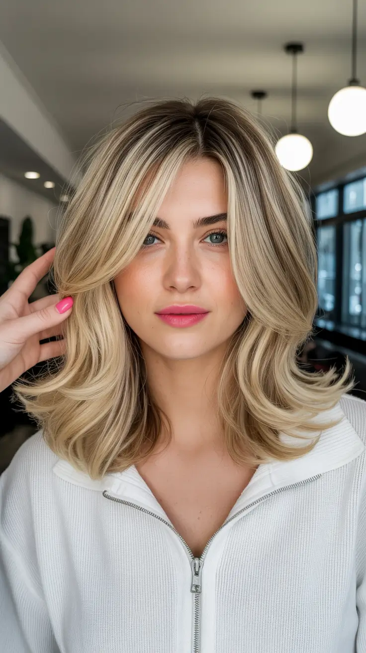 spring mid length haircuts 2026 Voluminous Butter Blonde with Bouncy Layers