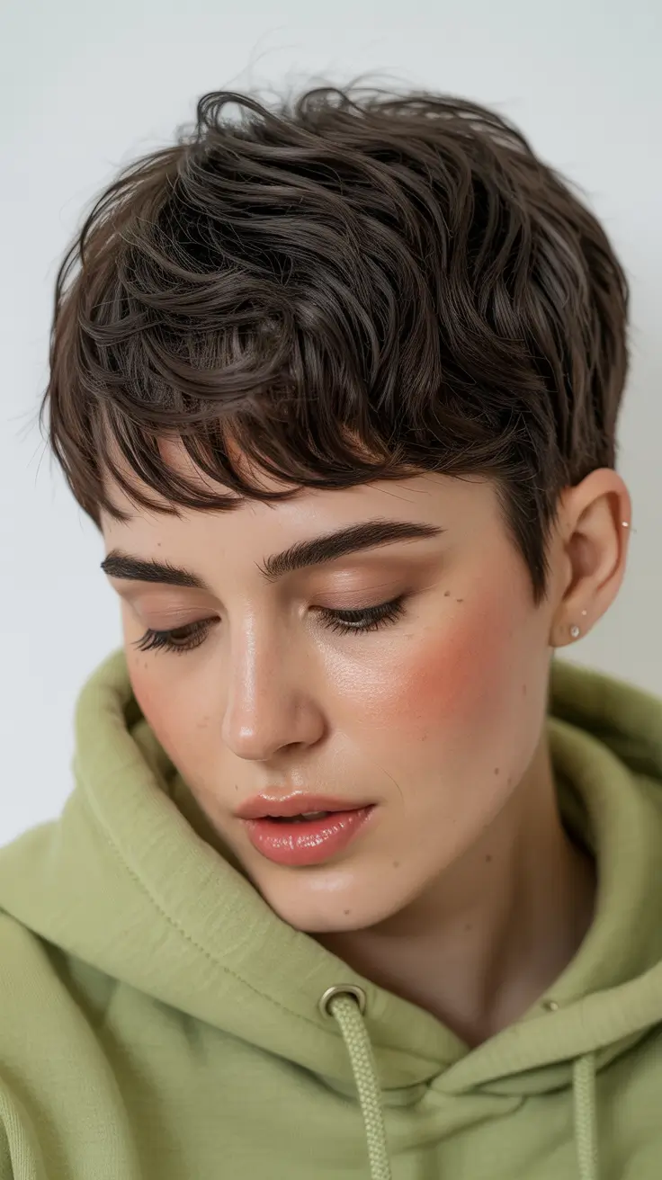 spring short haircuts 2026 Textured Espresso Pixie with Soft Micro Fringe