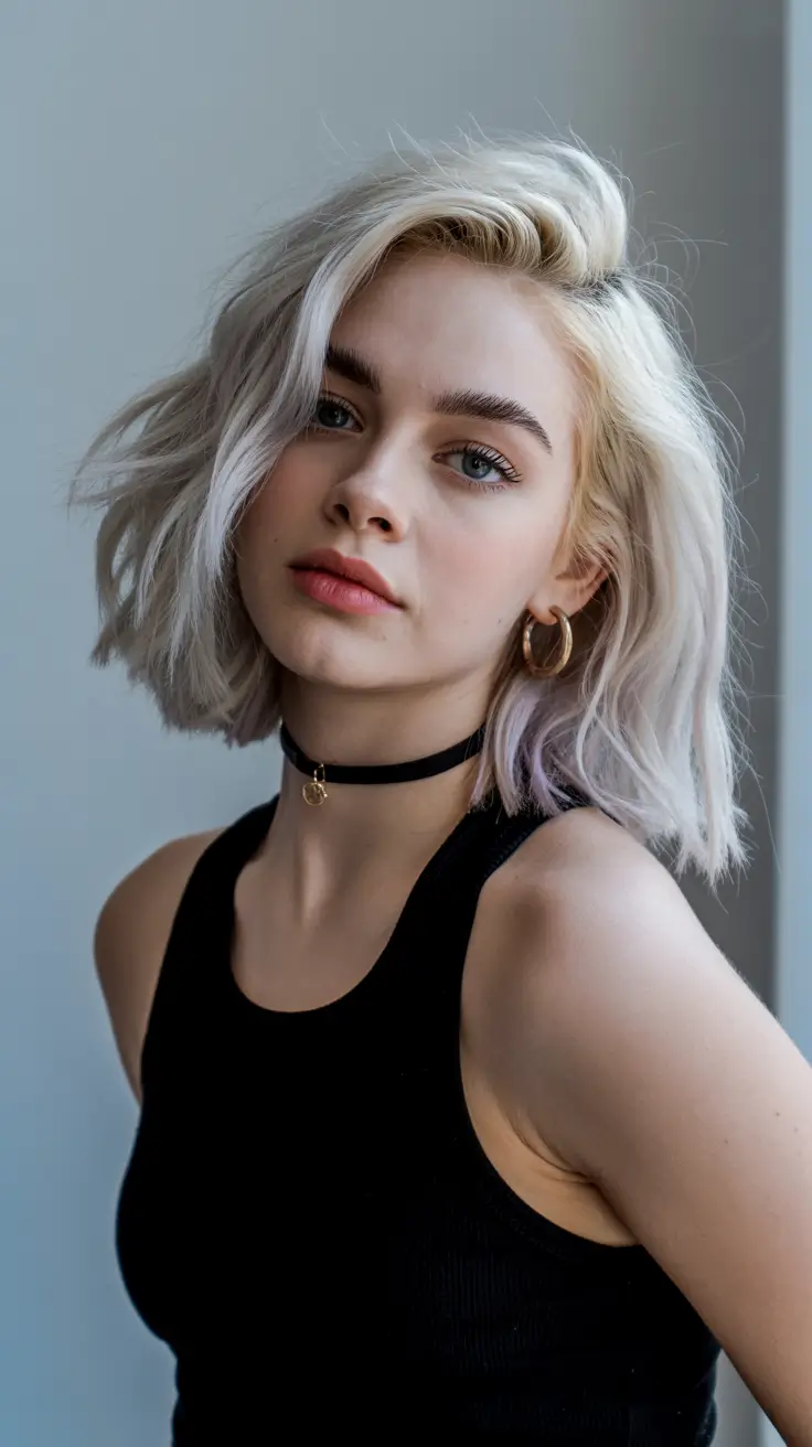 spring short haircuts 2026 Icy Blonde Tousled Lob with Subtle Pastel Undertones