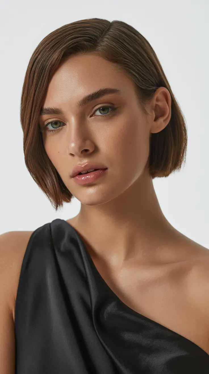 spring short haircuts 2026 Minimalist Sleek Brunette Micro Bob
