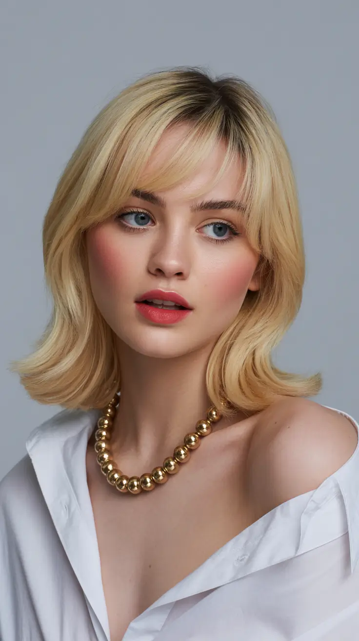 spring short haircuts 2026 Feathered Butter Blonde Midi Bob with Soft Fringe