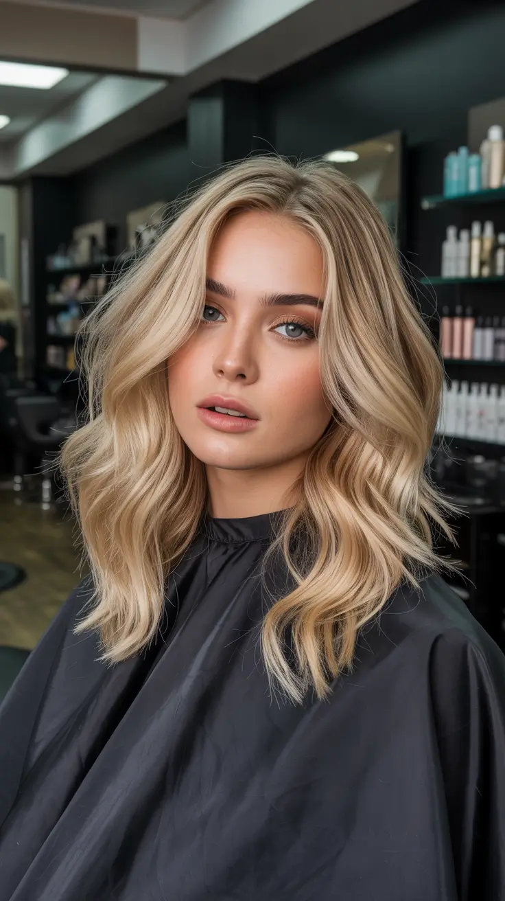 spring short haircuts 2026 Layered Champagne Blonde Lob with Salon-Fresh Volume