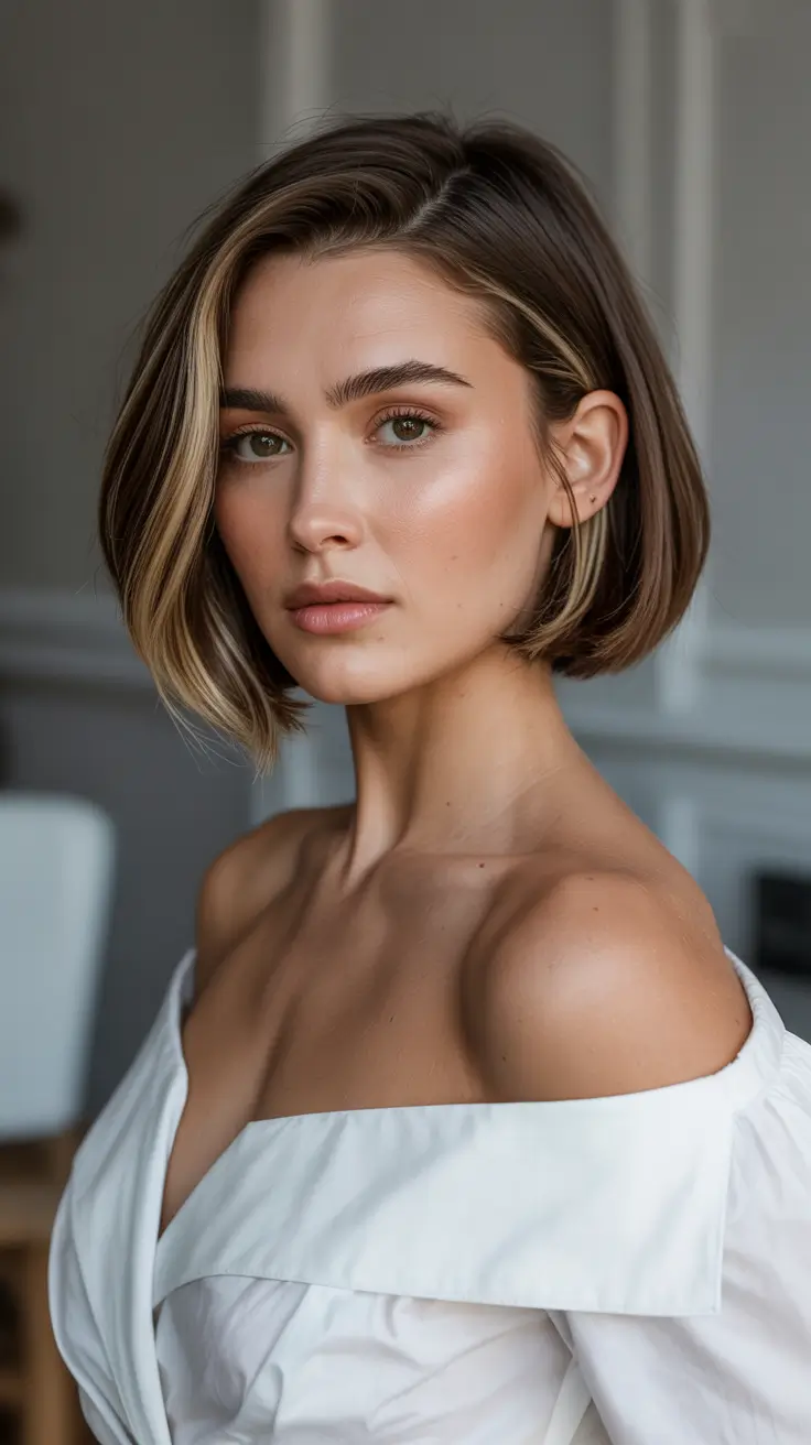 spring short haircuts 2026 Dimensional Brunette Angled Bob with Face-Framing Highlights