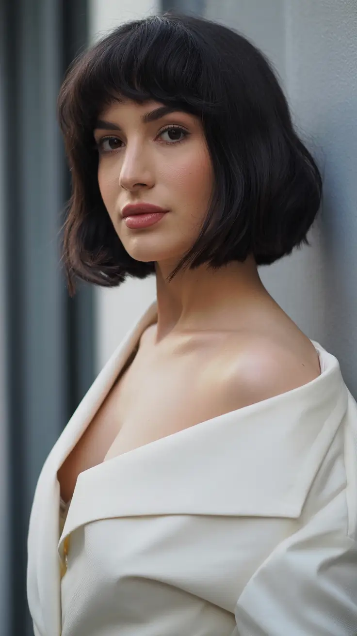 spring short haircuts 2026 French-Inspired Dark Bob with Micro Fringe
