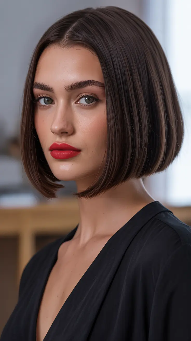 spring short haircuts 2026 Sleek Precision Glass Bob with Center Part