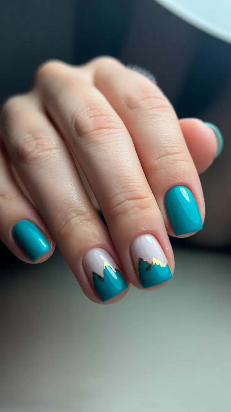 stylish classy spring nails 2026 Teal minimalism with golden contour accents