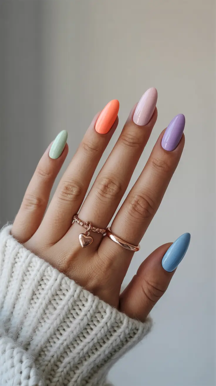 stylish classy spring nails 2026 Pastel rainbow almond for carefree seasonal expression