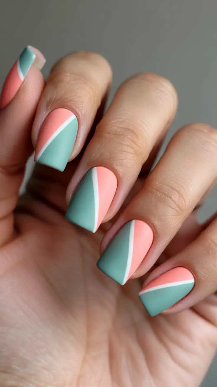 stylish classy spring nails 2026 Mint and coral diagonal geometry with modern clarity