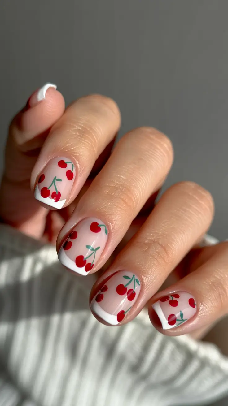 stylish classy spring nails 2026 Cherry French for playful retro sweetness