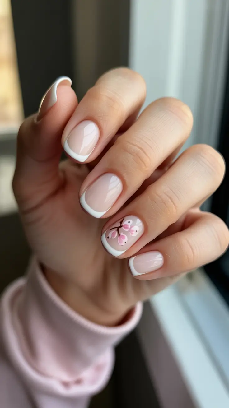 stylish classy spring nails 2026 Micro French with soft blossom accent