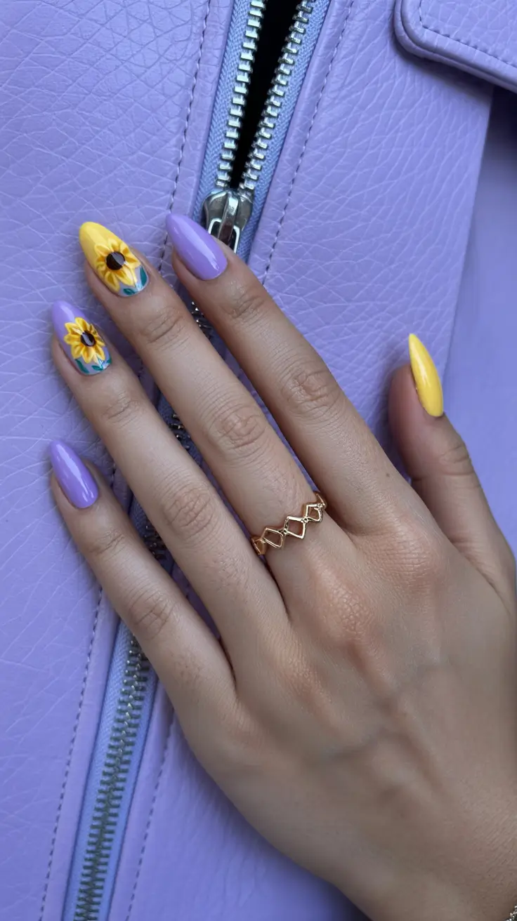 stylish classy spring nails 2026 Lavender and sunflower contrast for cheerful spring drama