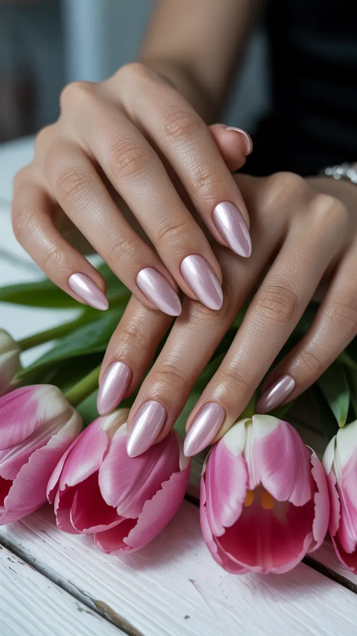 stylish classy spring nails 2026 Pearlescent blush almond for timeless spring elegance