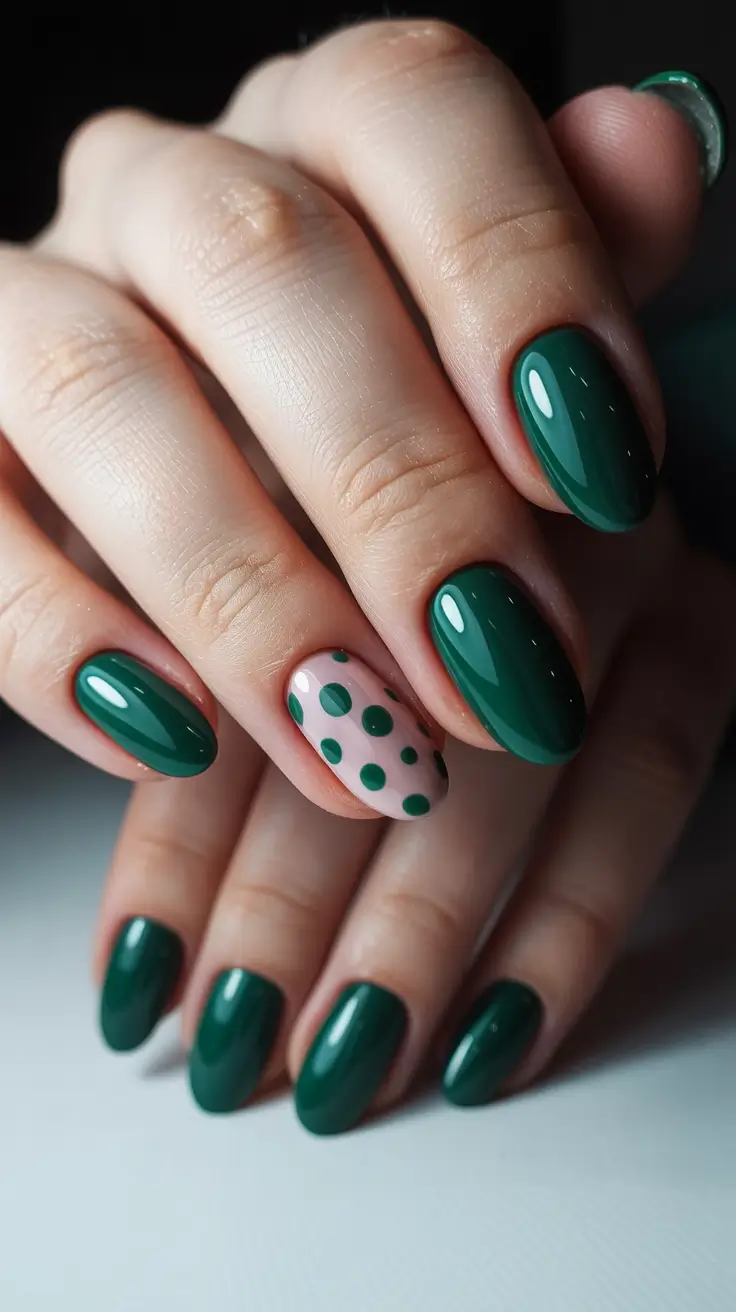 stylish classy spring nails 2026 Emerald gloss with playful polka accent