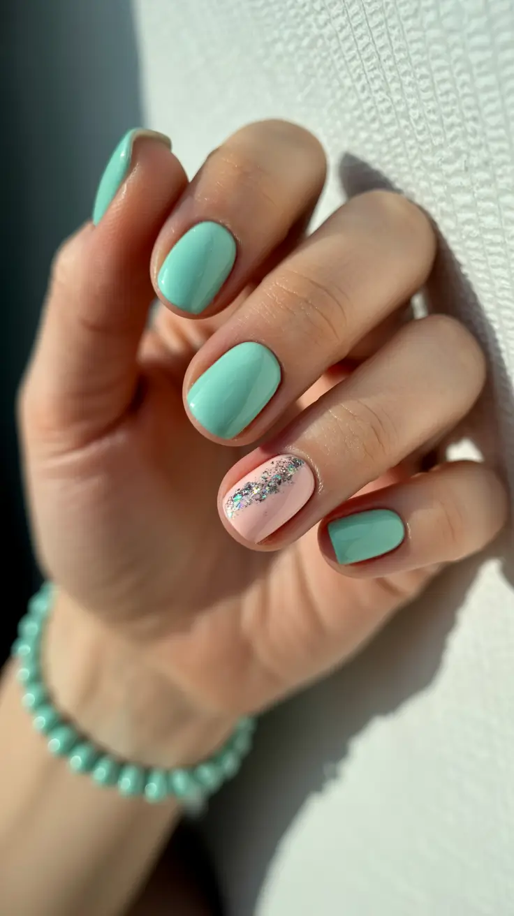 stylish classy spring nails 2026 Mint freshness with glitter stream accent