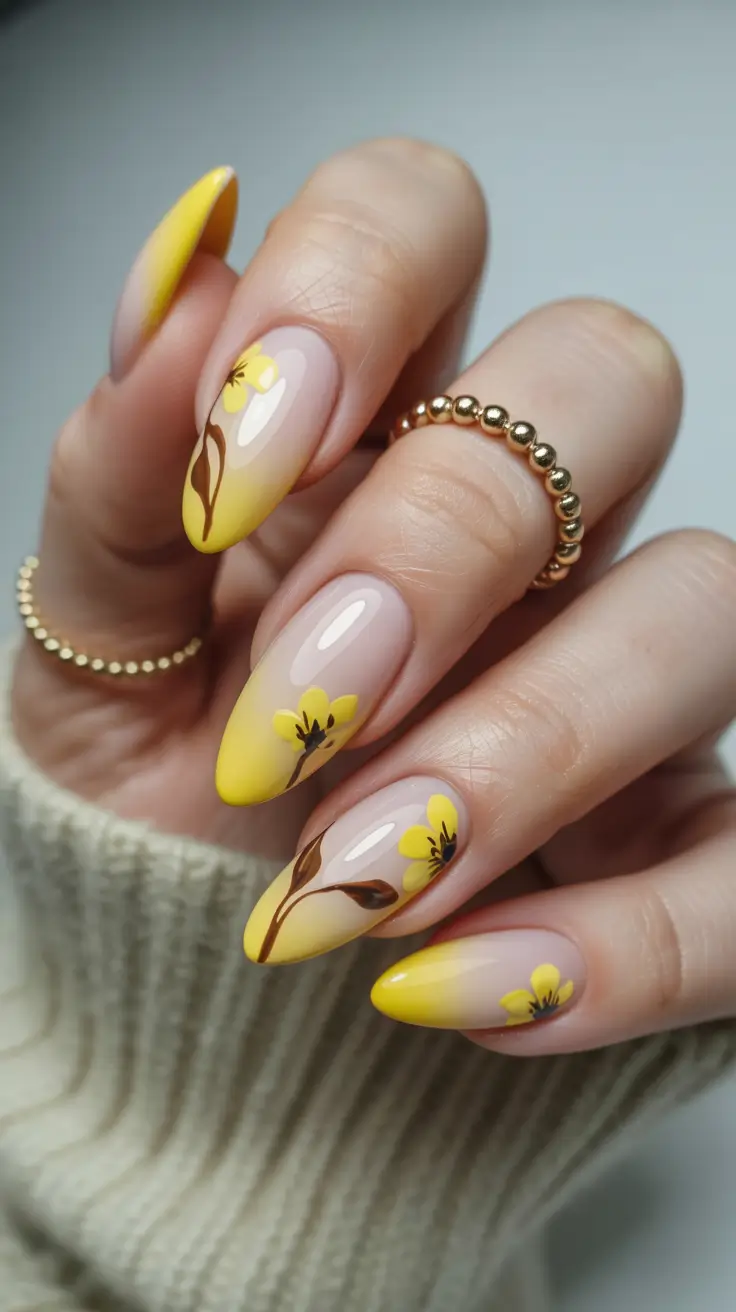 stylish classy spring nails 2026 Sunlit yellow gradient with botanical details