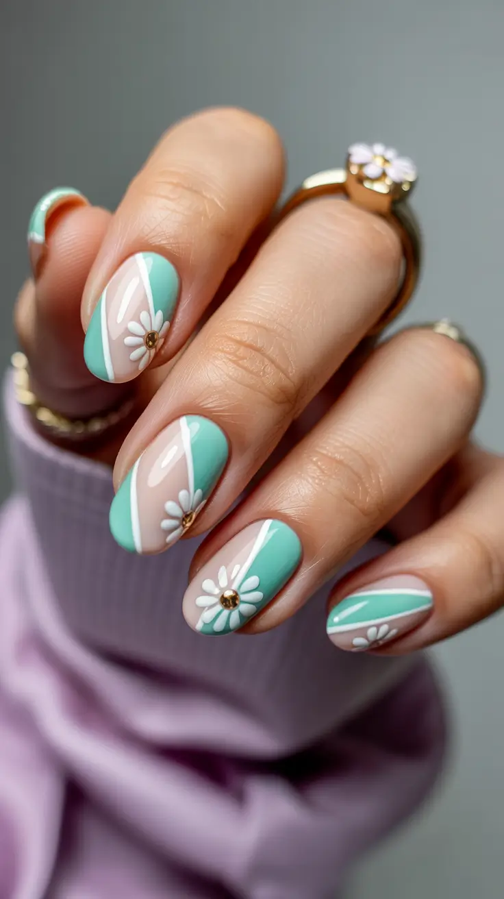 stylish classy spring nails 2026 Mint geometric florals with playful elegance