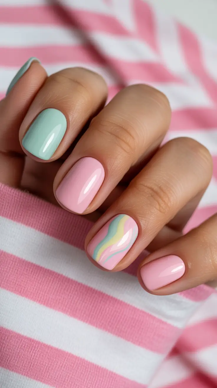 stylish classy spring nails 2026 Pastel swirl accents for playful spring energy