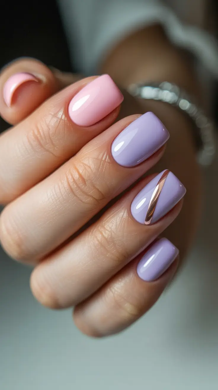 stylish classy spring nails 2026 Soft lilac and blush with metallic ribbon detail