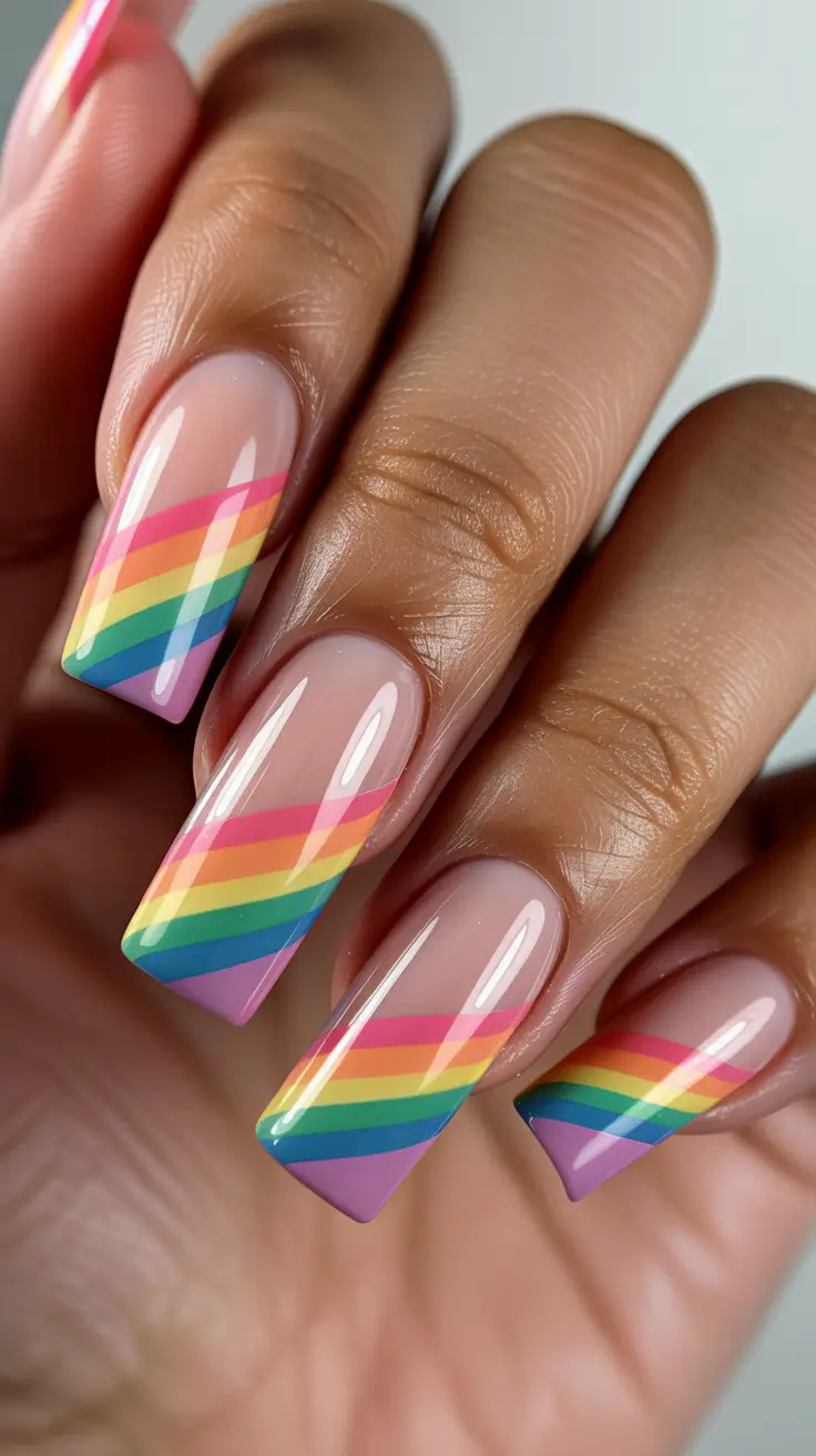 stylish colorful spring nails 2026 Diagonal Rainbow French Tips With Modern Edge