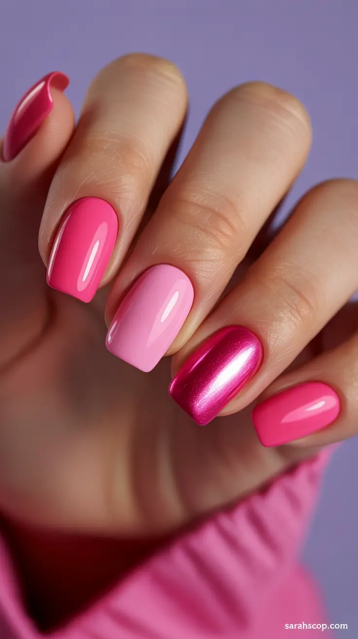 stylish colorful spring nails 2026 Pink Gloss Mix With Metallic Accent Energy