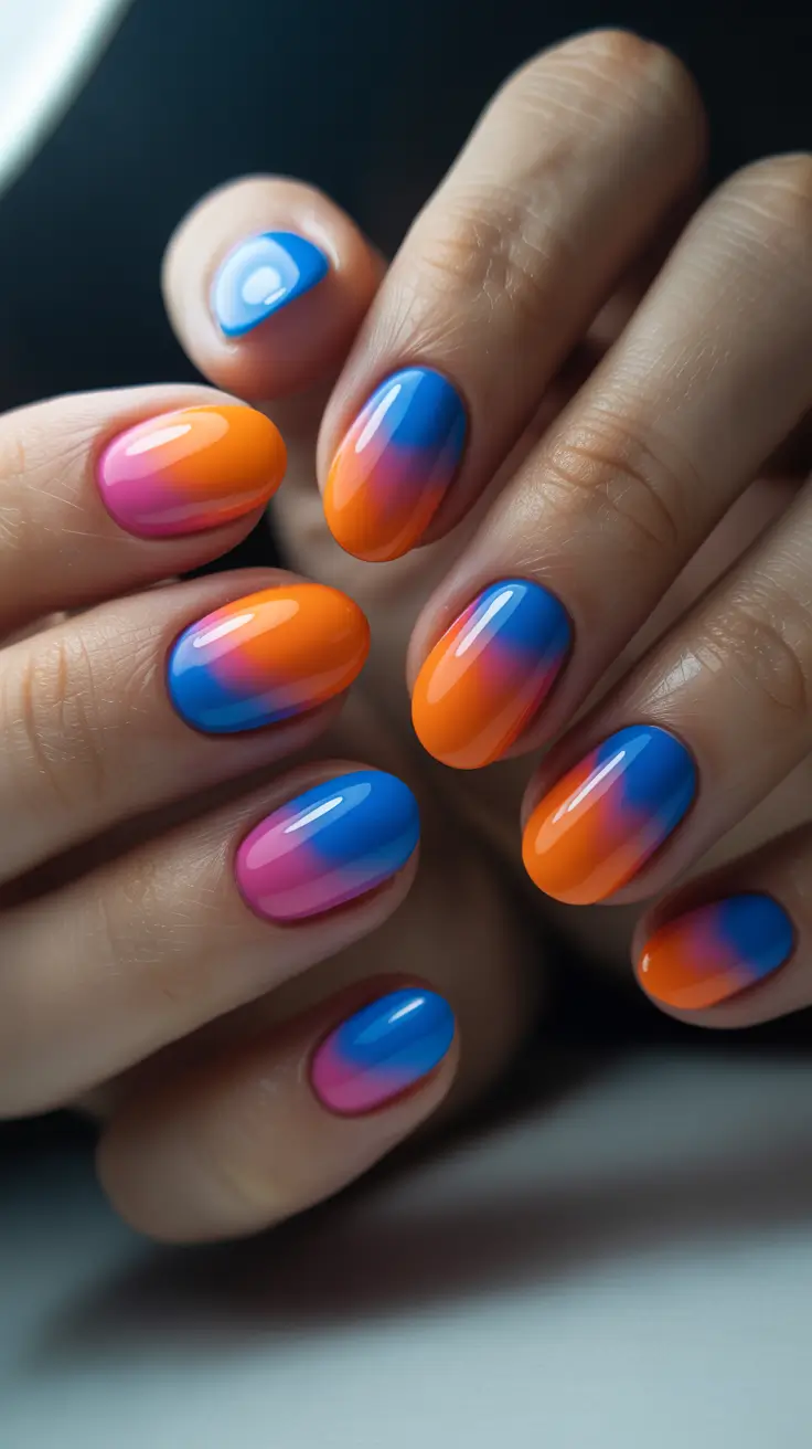 stylish colorful spring nails 2026 Sunset Gradient Nails With Electric Contrast