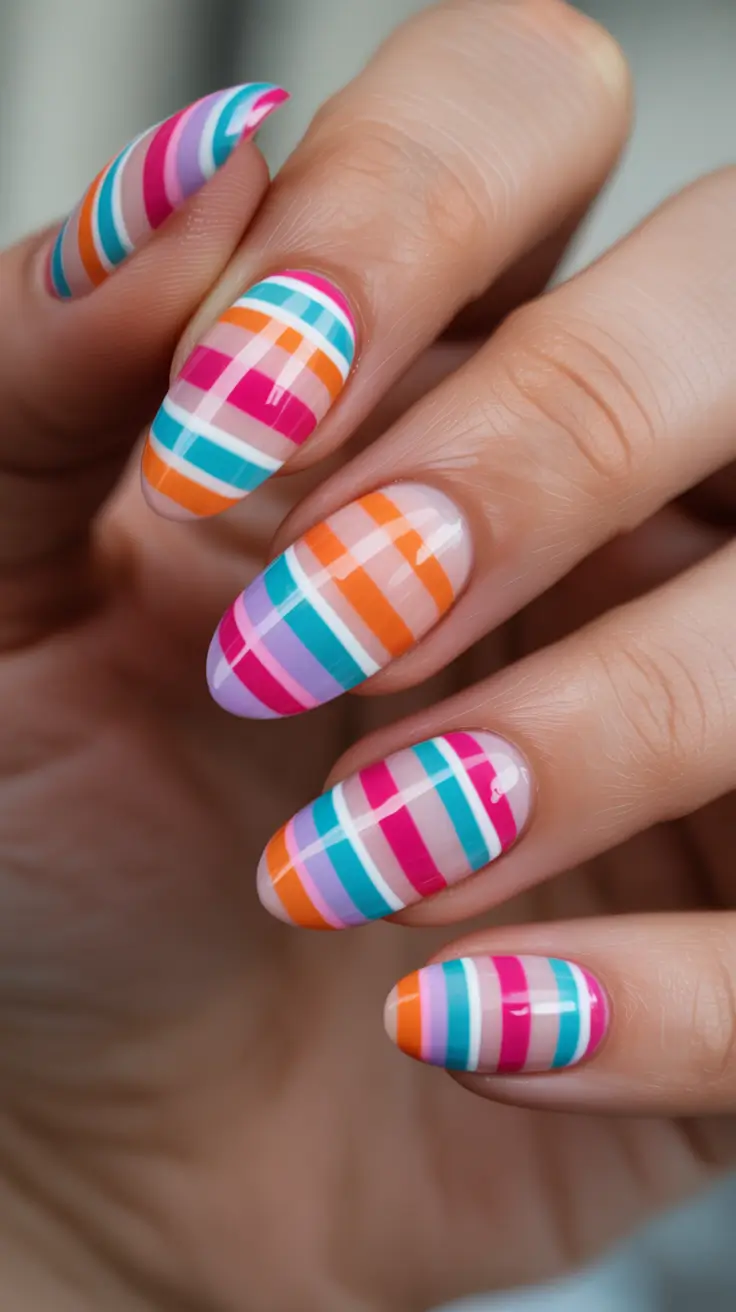 stylish colorful spring nails 2026 Playful Plaid Rainbow Nails With Retro Charm