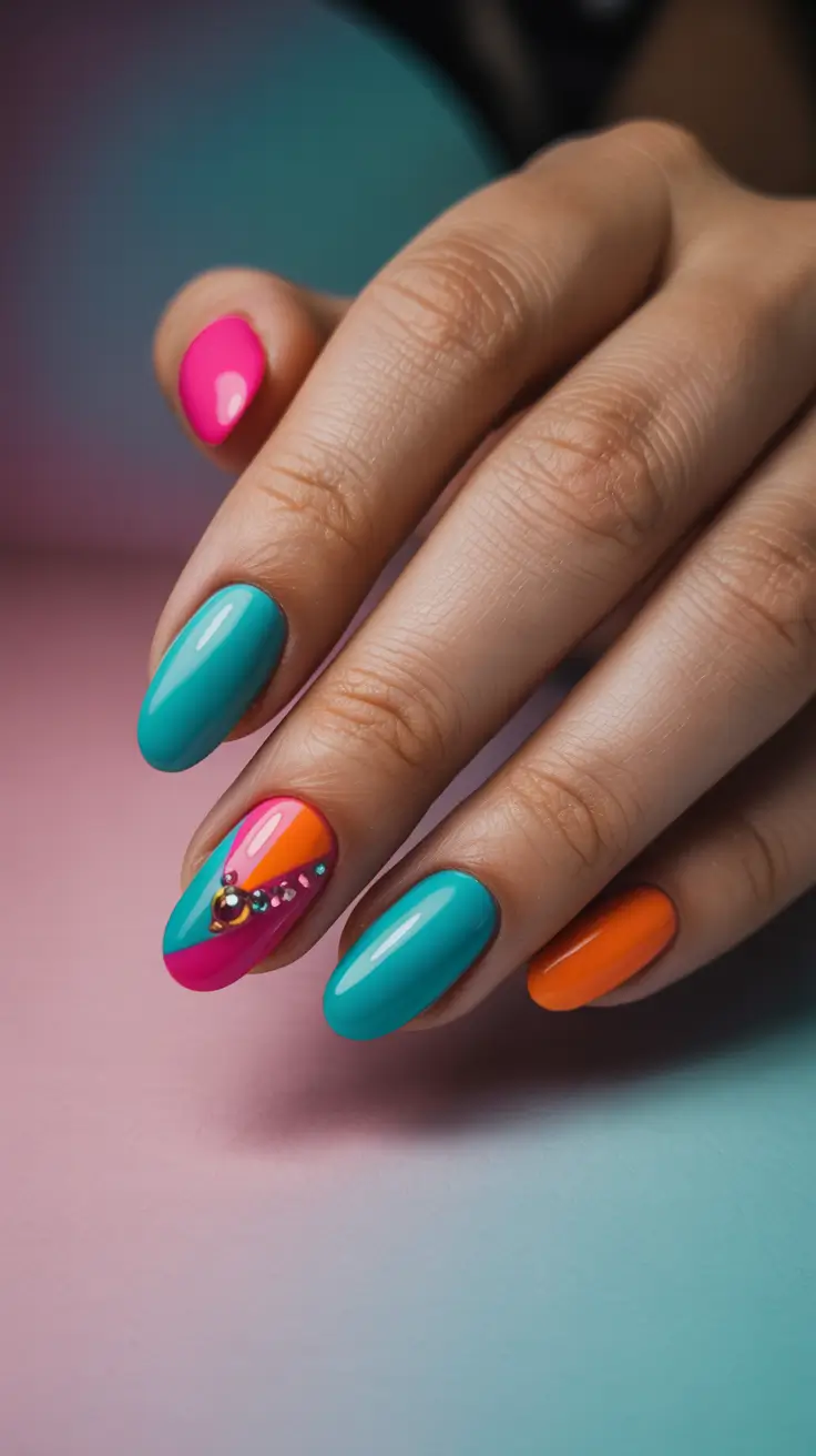 stylish colorful spring nails 2026 Color Block Jewel Accent Nails With Spring Statement