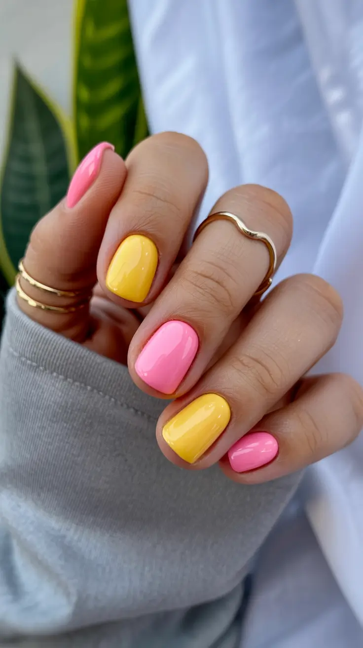 stylish colorful spring nails 2026 Pink and Lemon Gloss Duo That Feels Instantly Uplifting