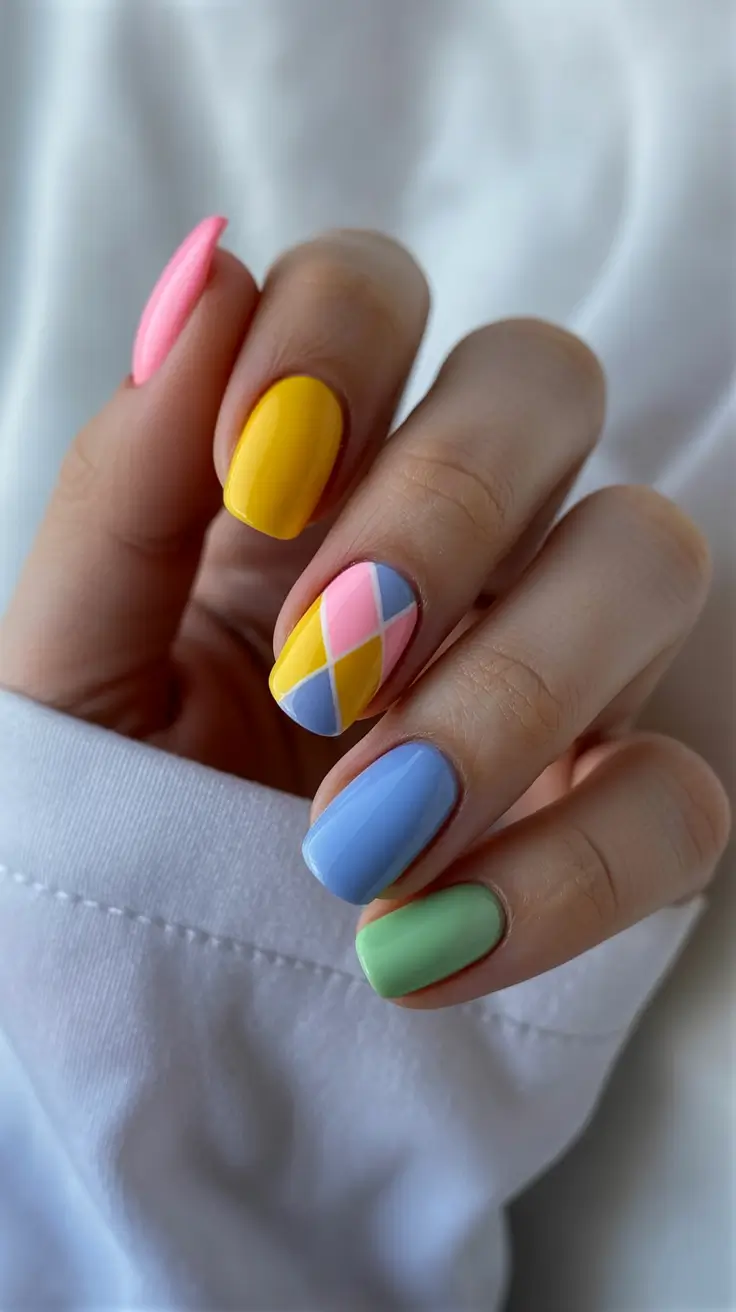 stylish colorful spring nails 2026 Pastel Patchwork Accent With Soft Spring Balance