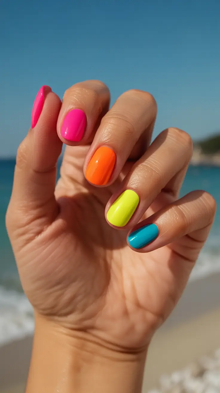stylish colorful spring nails 2026 Neon Beach Mix Nails With Vacation Energy
