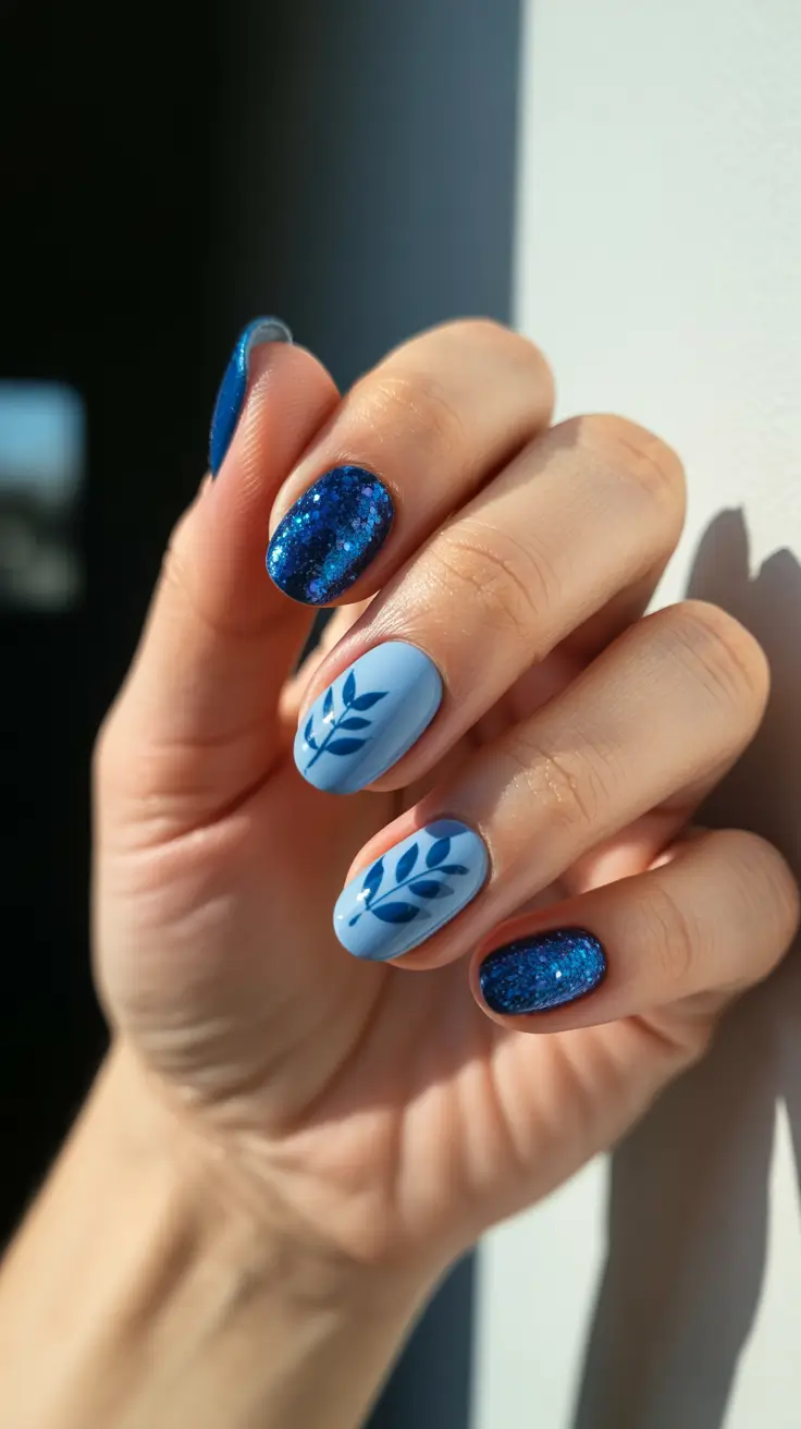 stylish cool spring nails for 2026 Botanical Blue Calm with Midnight Sparkle